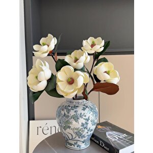 Yapay Çiçek Krem Eva Manolya 2 Çiçek 1 Tomurcuk Uzun Dal Çiçek Flowers 55cm Gerçeksi Doku