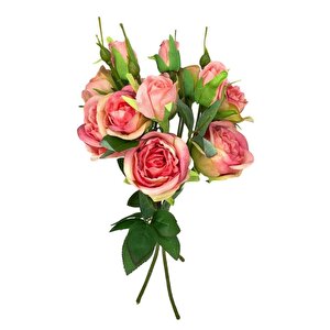 Yapay Çiçek Pembe Koyu Gül 8gül 4tomurcuklu Lüx Demet Gelin Çiçeği Buketi Masa Üstü Vazoçiçeği 47cm