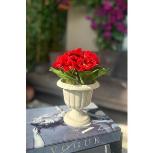 Yapay Çiçek Krem Antik Saksıda Kırmızı Kadife Menekşe Gerçekçi Doku 22cm