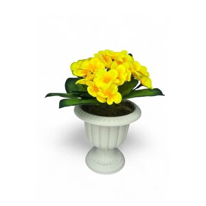 Yapay Çiçek Krem Antik Saksıda Sarı Kadife Menekşe Gerçekçi Doku 22cm