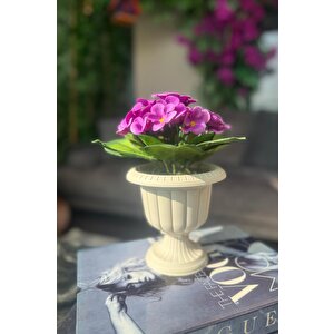 Yapay Çiçek Krem Antik Saksıda Mor Kadife Menekşe Gerçekçi Doku 22cm