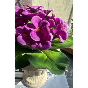 Yapay Çiçek Krem Antik Saksıda Mor Kadife Menekşe Gerçekçi Doku 22cm