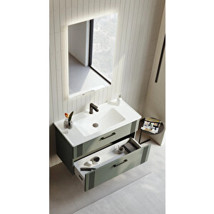 Bari 85 Cm Mat Yeşil Banyo Dolabı Takımı (ledli Ayna)