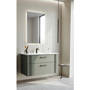 Bari 85 Cm Mat Yeşil Banyo Dolabı Takımı (ledli Ayna)