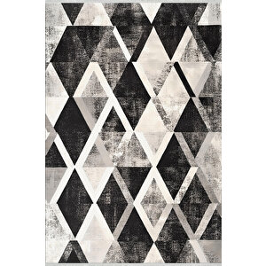Siyah, Gri Ve Krem Renkli Halı, Geometrik Desenli, Yıkanabilir Ve Evcil Hayvan Dostu 150x300 cm