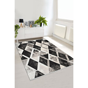 Siyah, Gri Ve Krem Renkli Halı, Geometrik Desenli, Yıkanabilir Ve Evcil Hayvan Dostu 150x300 cm