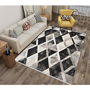 Siyah, Gri Ve Krem Renkli Halı, Geometrik Desenli, Yıkanabilir Ve Evcil Hayvan Dostu