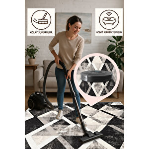 Siyah, Gri Ve Krem Renkli Halı, Geometrik Desenli, Yıkanabilir Ve Evcil Hayvan Dostu