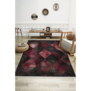Bordo Ve Siyah Renkli Halı, Checkered Desenli, Yıkanabilir Ve Evcil Hayvan Dostu 150x240 cm