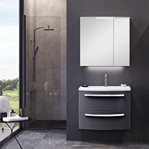 Urla 70 Cm Parlak Antrasit Banyo Dolabı Takımı (ledli-dolaplı Ayna)