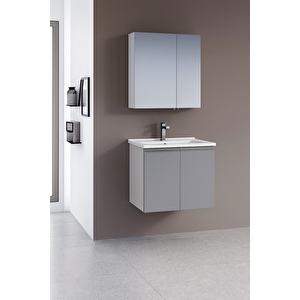 Terme 60 Cm Parlak Gri Kapaklı Banyo Dolabı Takımı (dolaplı Ayna)
