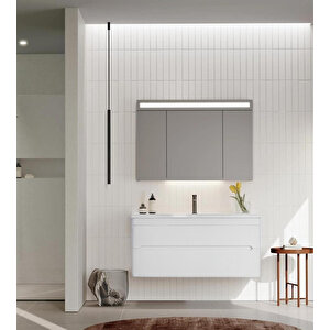 Varna 100 Cm Mat Beyaz Banyo Dolabı Takımı (ledli-dolaplı Ayna)
