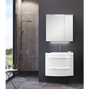 Urla 70 Cm Parlak Beyaz Banyo Dolabı Takımı (ledli-dolaplı Ayna)