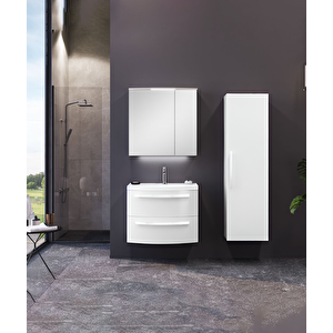 Urla 70 Cm Parlak Beyaz Banyo Dolabı Takımı (ledli-dolaplı Ayna)