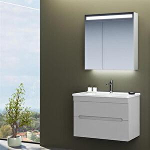 Varna 80 Cm Mat Gri Banyo Dolabı Takımı (ledli-dolaplı Ayna)