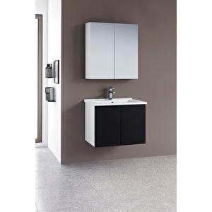 Terme 60 Cm Parlak Siyah Kapaklı Banyo Dolabı Takımı (dolaplı Ayna)