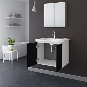 Terme 60 Cm Parlak Siyah Kapaklı Banyo Dolabı Takımı (dolaplı Ayna)