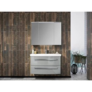 Urla 90 Cm Parlak Gri Banyo Dolabı Takımı (ledli-dolaplı Ayna)