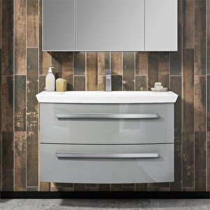 Urla 90 Cm Parlak Gri Banyo Dolabı Takımı (ledli-dolaplı Ayna)