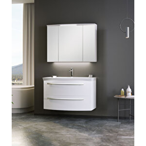 Urla 90 Cm Parlak Beyaz Banyo Dolabı Takımı (ledli-dolaplı Ayna)