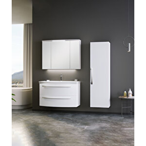 Urla 90 Cm Parlak Beyaz Banyo Dolabı Takımı (ledli-dolaplı Ayna)