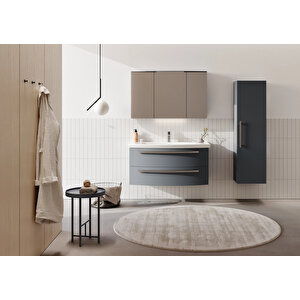 Urla 110 Cm Parlak Antrasit Banyo Dolabı Takımı (ledli-dolaplı Ayna)