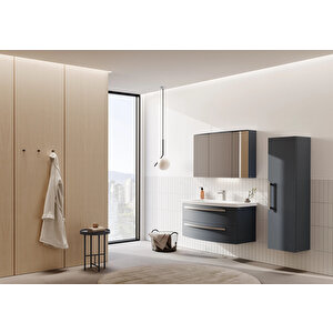Urla 110 Cm Parlak Antrasit Banyo Dolabı Takımı (ledli-dolaplı Ayna)