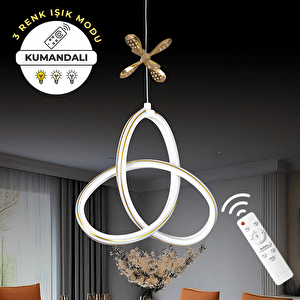 Beyaz Uzaktan Kumandalı 3 Renk Ledli Özel Tasarım Gold Çizgili Gold Kelebek Dekor Detaylı Sarkık Ledli Avize Kumandalı Avize Dimmerli Avize