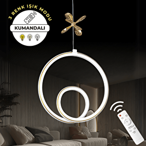  beyaz Uzaktan Kumandalı 3 Renk Ledli Özel Tasarım Gold Çizgili Gold Kelebek Dekor Detaylı Sarkık Ledli Avize Kumandalı Avize Dimmerli Avize