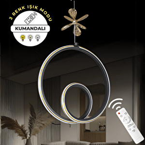 Siyah Uzaktan Kumandalı 3 Renk Ledli Özel Tasarım Gold Çizgili Gold Kelebek Dekor Detaylı Sarkık Ledli Avize Kumandalı Avize Dimmerli Avize