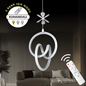 Gri Uzaktan Kumandalı 3 Renk Ledli Özel Tasarım Krom Çizgili Krom Kelebek Dekor Detaylı Sarkık Ledli Avize Kumandalı Avize Dimmerli Avize
