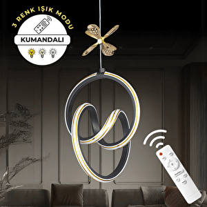 Siyah Uzaktan Kumandalı 3 Renk Ledli Özel Tasarım Gold Çizgili Gold Kelebek Dekor Detaylı Sarkık Ledli Avize Kumandalı Avize Dimmerli Avize