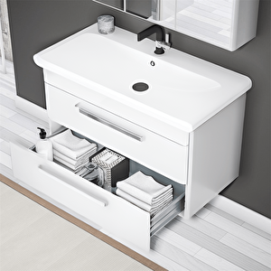 Rose 95 Cm Parlak Beyaz Banyo Dolabı Alt Modül Ve Lavabo