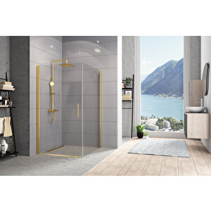 Zelve Temperli 6 Mm Boy Menteşeli Kare Cam Duşakabin Altın Profil Şeffaf Cam 90x90 cm