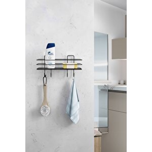 Siyah Yapışkanlı Banyo Rafı Mutfak Rafı Çok Amaçlı Askılı Düzenleyici Organizer Paslanmaz Şampuanlık