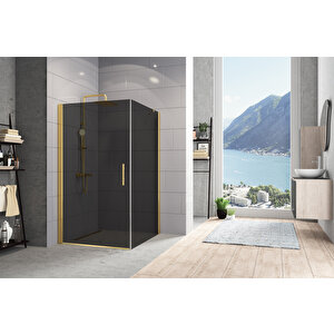 Zelve Temperli 6 Mm Boy Menteşeli Kare Cam Duşakabin Altın Profil Füme Cam 70x70 cm