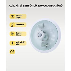 Acil Kitli Pilli 2 X E27 Duylu Sensörlü Tavan Armatürü - Cam / Metal