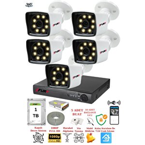 5 Kameralı 5mp Lens 1080p 2mp Color Görüntü 8 Warm Led Gece Görüş Fullhd Güvenlik Kamerası 5525w 1tb
