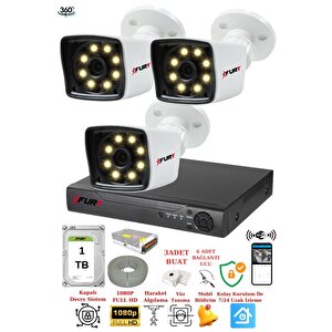 3 Kameralı 5mp Lens 1080p 2mp Color Görüntü 8 Warm Led Gece Görüş Fullhd Güvenlik Kamera 5525w 1tb