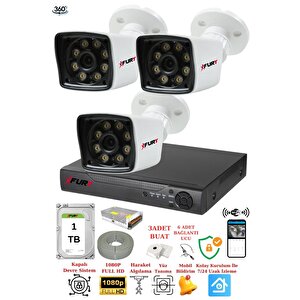 3 Kameralı 5mp Lens 1080p 2mp Color Görüntü 8 Warm Led Gece Görüş Fullhd Güvenlik Kamera 5525w 1tb