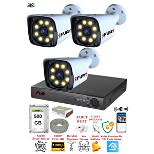 3 Kameralı 5mp Lens 1080p 2mp Color Görüntü 8 Warm Led Gece Görüş Fullhd Güvenlik Kamera 5520w 500