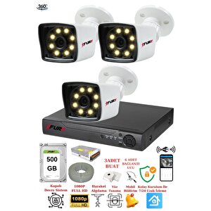 3 Kameralı 5mp Lens 1080p 2mp Colorgörüntü 8 Warm Led Gece Görüş Fullhd Güvenlik Kamera 5525w 500gb