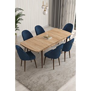 Milano Serisi 80x132 Açılabilir Mdf Atlantik Çam Mutfak Masa Takımı 6 Sandalye Lacivert