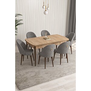 Milano Serisi 80x132 Açılabilir Mdf Atlantik Çam Mutfak Masa Takımı 6 Sandalye Gri