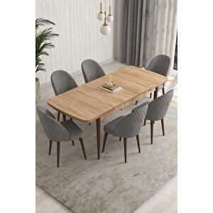 Milano Serisi 80x132 Açılabilir Mdf Atlantik Çam Mutfak Masa Takımı 6 Sandalye Gri