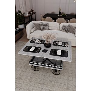 Capria Akıllı Sehpa Çalışma Masası Yemek Masası Yer Sofrası Tekerli Araba Model Sehpa Antik Beyaz