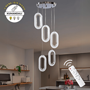 Krom 5'li Lüks Kumandalı Dimmerli 3 Renk Ledli Avize Modern Led Avize