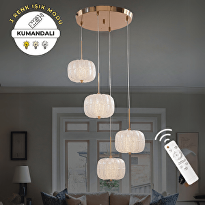 Gold 4'lü Lüks Kumandalı Dimmerli 3 Renk Ledli Avize Modern Led Avize