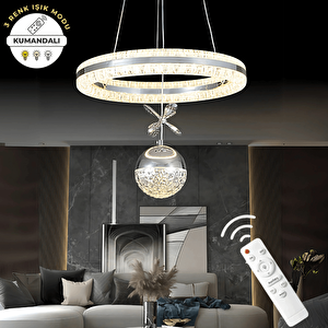 Krom Kumandalı 3 Renk Ledli Çift Yönlü Aydınlatmalı Lüks Tasarım Ledli Avize Çap 40 Cm Led Avize