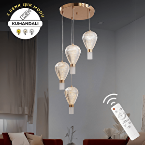 Gold 4'lü Lüks Kumandalı Dimmerli 3 Renk Ledli Avize Modern Led Avize